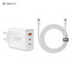 Remax GaN Charger with USB-A Port and 2 USB-C Ports and USB-C to USB-C Cable 65W Power Delivery Quick Charge 3.0 White (CA-20)