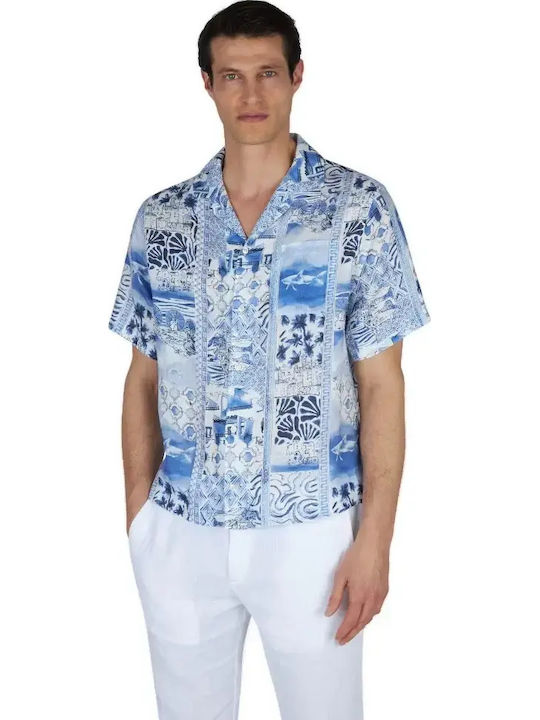 Short-Sleeve Linen Shirt in Regular Fit Stampa Mediterranea