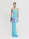 Summer Maxi Evening Dress Open Back Aqua Floral Dress