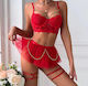 Roza Rz121 Women Sexy Lingerie Set 5 Pieces Transparent Lace & Red Garters