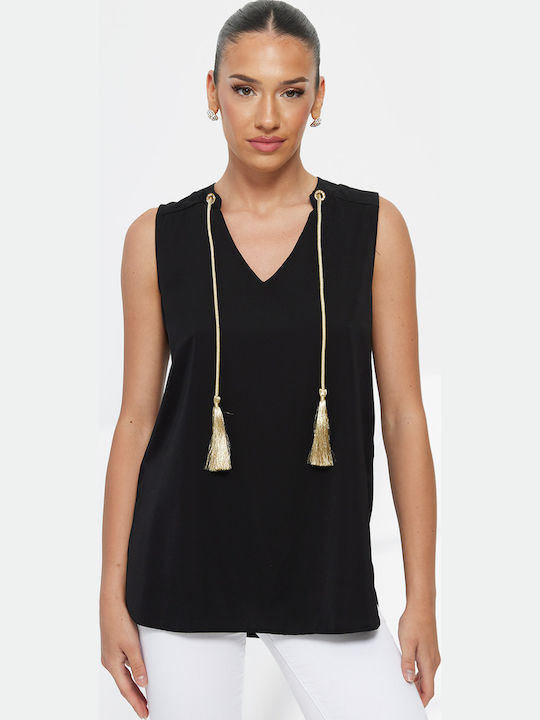 Women's Sleeveless Blouse with V-Neckline Black