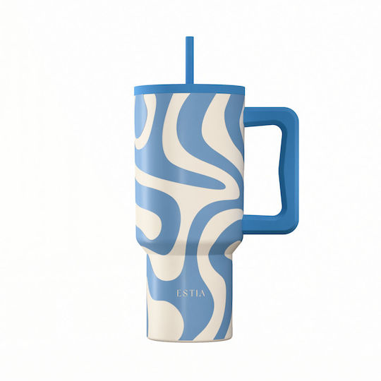 Straw Tumbler XL Save The Aegean Recycelbarer Handled Tumbler Thermosflasche Rostfreier Stahl BPA-frei 900ml Ocean Waves mit Stroh und Handgriff