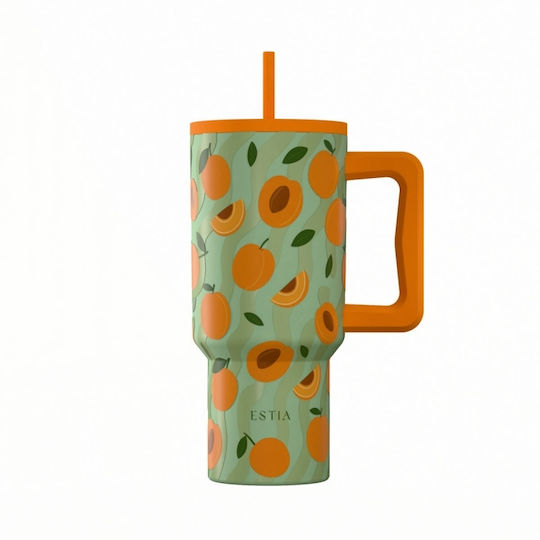 Estia Straw Tumbler XL Save The Aegean Recyclable Handled Thermos Stainless Steel BPA Free 900ml Peach Garden with Straw and Handle