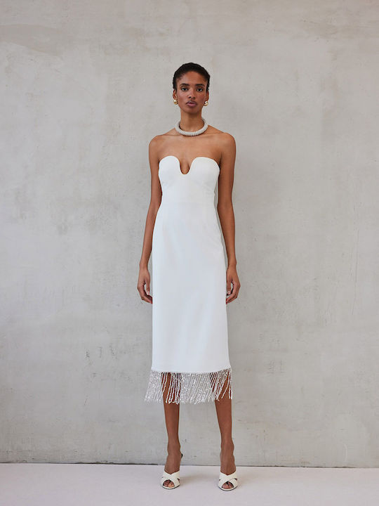 Καλοκαιρινό Midi Βραδινό Φόρεμα Strapless Λευκό
