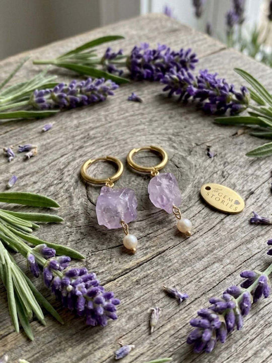 The Gem Stories Gold Plated Steel Hoop Earrings with Stones and Purple Pearls