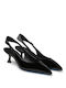 Leather Pointed Toe Heels with Strap & Mid Heel Black