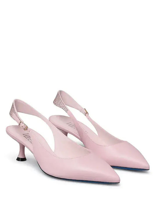 Leather Pointed Heels with Strap and Medium Heel Pink