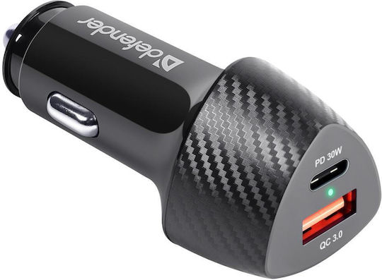 Defender Φορτιστής Αυτοκινήτου 30W Γρήγορης Φόρτισης με Θύρες: 1xUSB 1xType-C