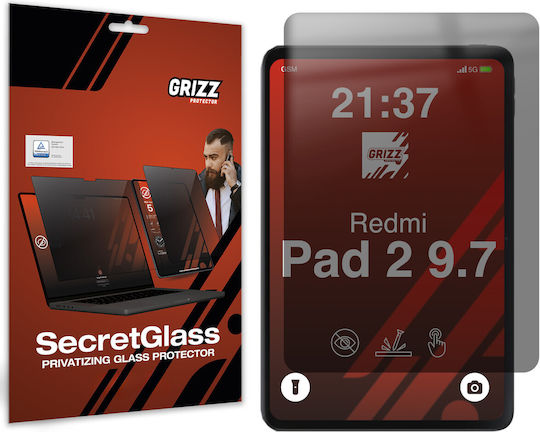 Grizzglass Secretglass Privacy Hybrid Glass Screen Protector Compatible Xiaomi Redmi Pad 2 9.7 Inch Black