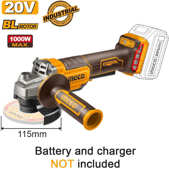 Ingco CAGLI211156E Battery Angle Grinder 115mm Brushless With Speed Adjustment 20V Solo