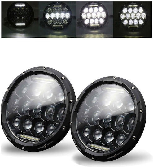 Комплект 2 Бройки Универсален 7 Инча 18см LED Лампа Фар Халоген 12v-24v Къси Дълги Светлини DRL Дневни Светлини Бял 8000lm