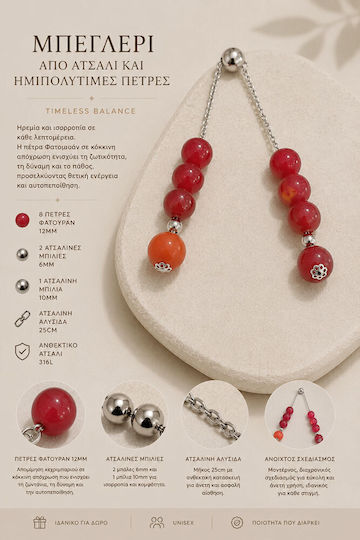 Kalliopi Silver Komboralia Handmade from Stainless Steel with Red Faturan Stone 12mm Length 25cm Red