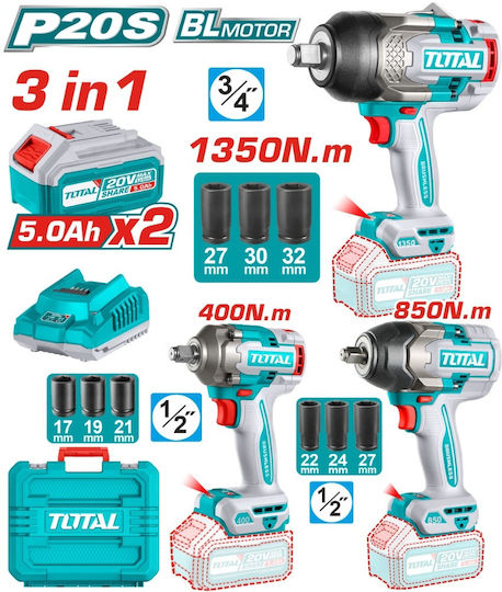 Total Set Chei cu Impact Fără Fir 3-în-1 20 V 2 X 5 Ah