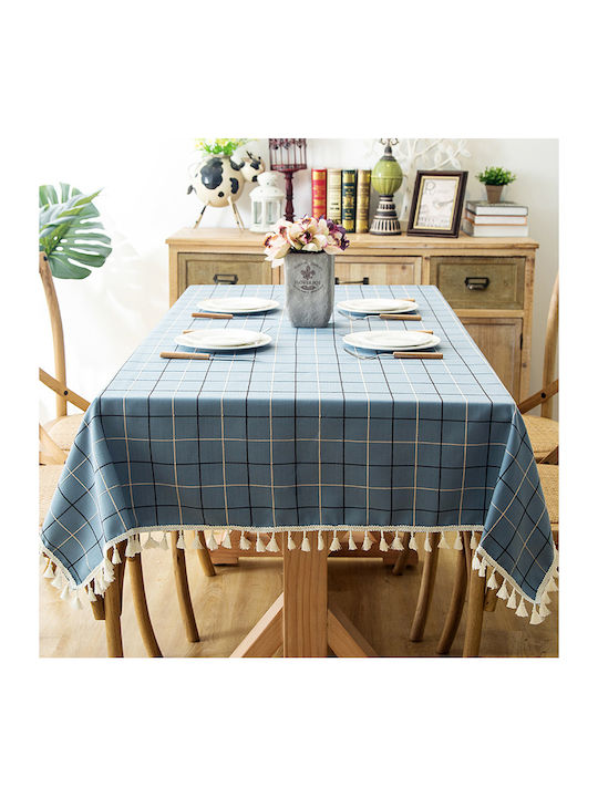 FRIPIA Checkered Tablecloth with Light Blue Embroidery 140x250cm