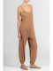 Women's Fabric Trousers with Rubber Band in Loose Fit Brown