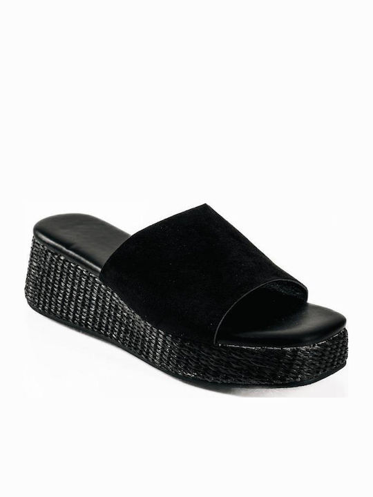 Casual Ψάθινες Πλατφόρμες Φαρδιά Suede Φασα Μαύρο