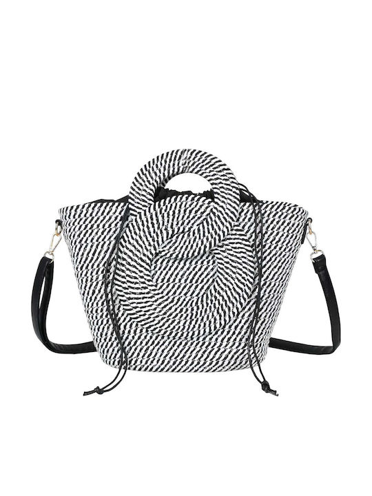Gallantry Woven Cabas Handbag Boho Style Sculpted Handles Shoulder Strap White Black