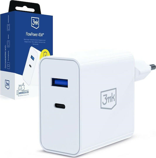 3MK Φορτιστής Χωρίς Καλώδιο GaN με Θύρα USB-A και Θύρα USB-C 45W Power Delivery / Quick Charge 4+ Λευκός (FlowPower)