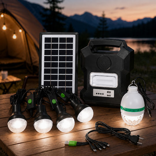 Autonomous Solar Lighting System Led 3 Lamps Solar Panel Bluetooth Speaker Radio Fm & Usb Mobile Charging