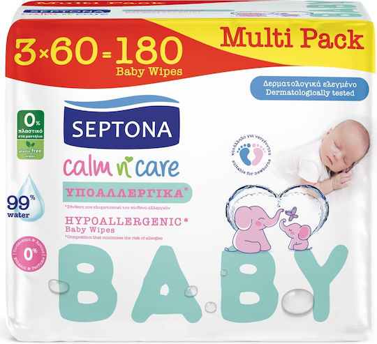 Septona Calm N Care Υποαλλεργικά Μωρομάντηλα με 99% Νερό, χωρίς Οινόπνευμα & Parabens 3x60τμχ
