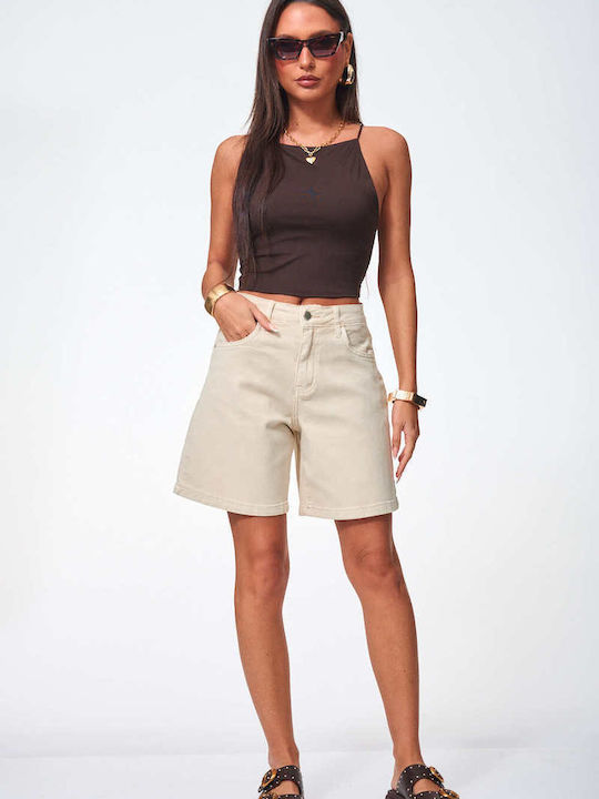 Decoro Women's High Waist Jean Shorts Beige