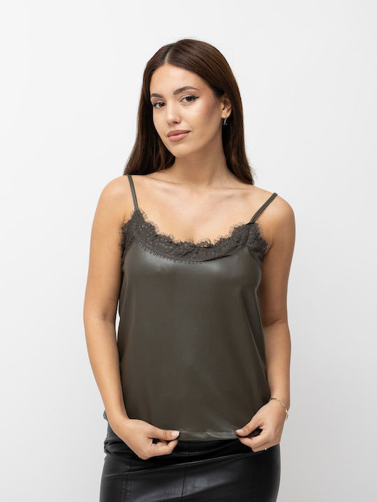 Fashioncore Bluza Damă De Piele Cu Bretele Kaki