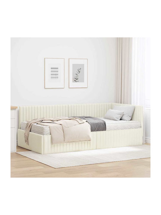 Canapea Pat Single Tapițat Cu Catifea Crem Cu Plăci Și Saltea 90x200cm