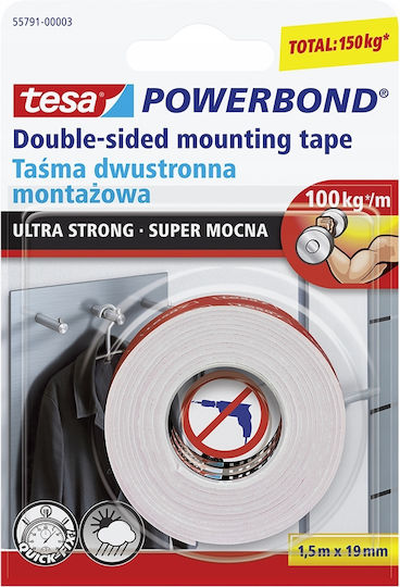 Tesa Ultra Strong Αυτοκόλλητη Αφρώδης Ταινία Διπλής Όψης Λευκή 1.5mx19mm