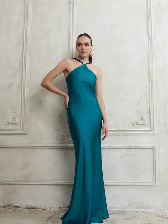 Лятна Maxi Рокля За Вечерно Излизане Сатен С Гол Гръб Teal