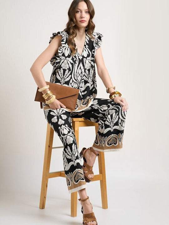 Women's Black Set with Trousers with Rubber Band in Palazzo Fit