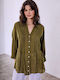 Celestino Women's Shirt Cotton Pleats Loose Fit Khaki