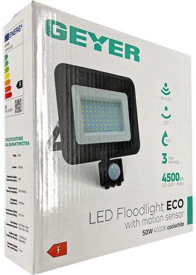 Geyer Waterproof LED Flood Light 50W Natural White 4000K With Motion Sensor IP65