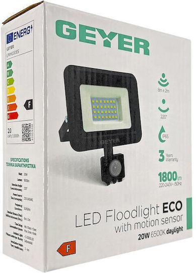 Geyer Στεγανός Προβολέας LED 20W Ψυχρό Λευκό 6500K με Αισθητήρα Κίνησης IP44
