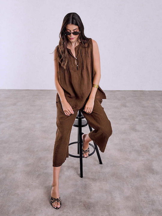 Celestino Pantaloni Din In Cropped Maro