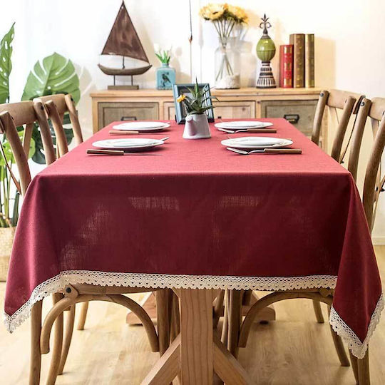 FRIPIA Față De Masă Din In Cu Dantelă Burgundy 120x180cm