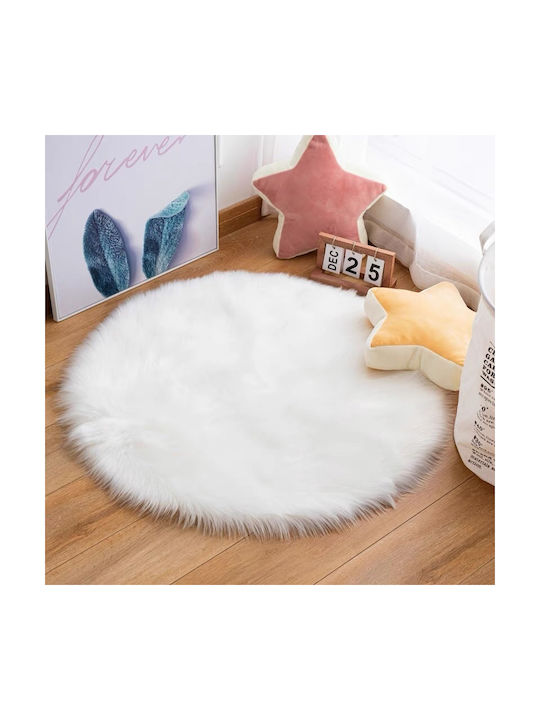 To megalo pazari Round Furry White Rug Φ90cm