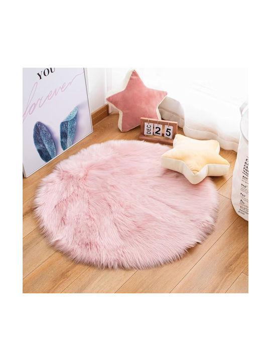 To megalo pazari Round Furry Pink Rug Φ90cm