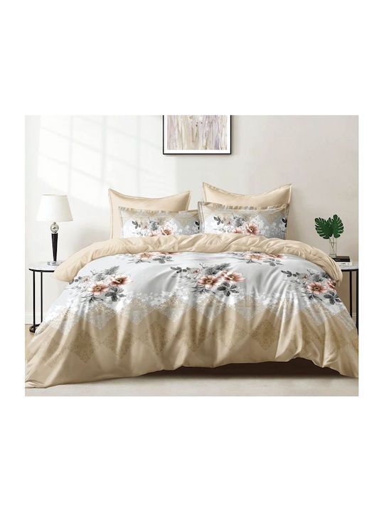To megalo pazari King Size Bed Sheets Set with Rubber Hugger 180x200+25cm Grey Beige 4 Pieces