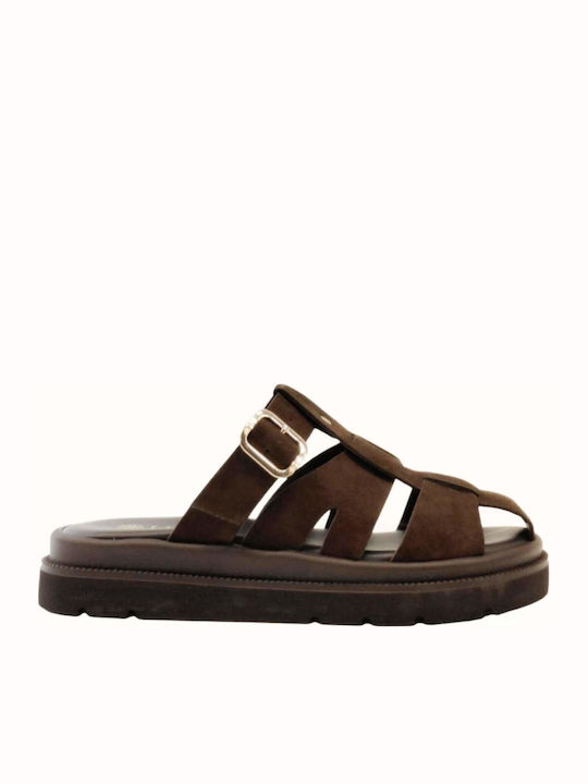 Leather Women's Flat Sandals Brown