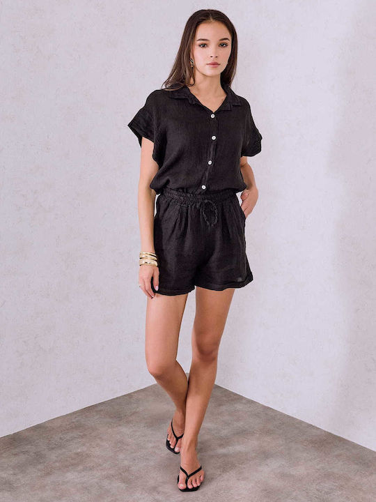 Celestino Women's Linen Shorts Rolled Hem Black