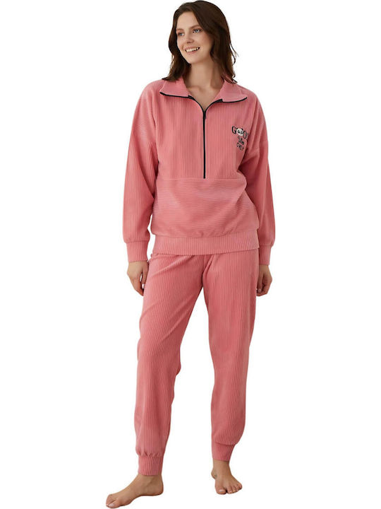Boyraz Winter Damen Schlafanzug Set Baumwoll Rosa