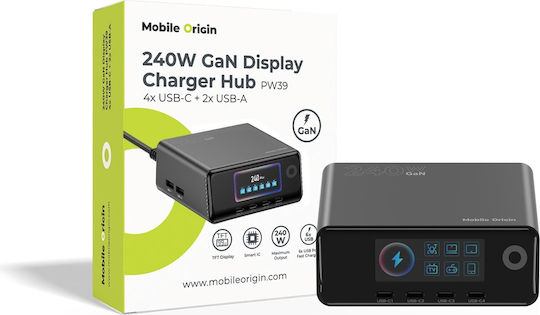 Mobile Origin Βάση Φόρτισης GaN με 2 Θύρες USB-A και 4 Θύρες USB-C 240W Power Delivery / Quick Charge 3.0 / Quick Charge 2.0 σε Μαύρο χρώμα (PW39)