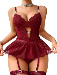 Smd Scarlet Allure Set Underwire Teddy Mini Skirt & Adjustable Garters Σετ Sexy Εσώρουχα Φούστα & Ζαρτιέρες