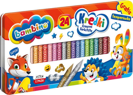 Bambino Crayons 24 Colors Metal Box + Sharpener Animals Schoolkids