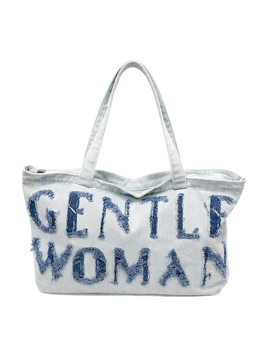 Gallantry Embroidered Gentle Woman Denim Tote Bag A Casual Style White Blue