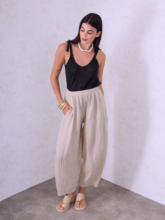 Celestino Women's Linen Barrel Loose Fit Beige Trousers