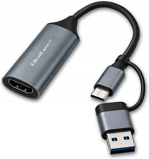 Qoltec Convector USB-A / USB-C Masculin În HDMI Feminin
