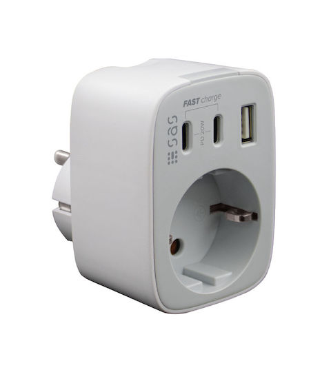 SAS Charger Without Cable with USB-A Port and 2 USB-C Ports 20W Power Delivery White (100-15-188)