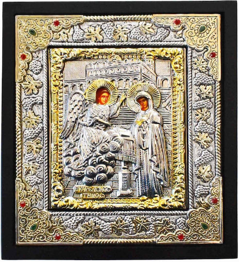 Versilberte Heiligenikone Verkündigung der Gottesmutter Schwarzes Holz 27x30cm