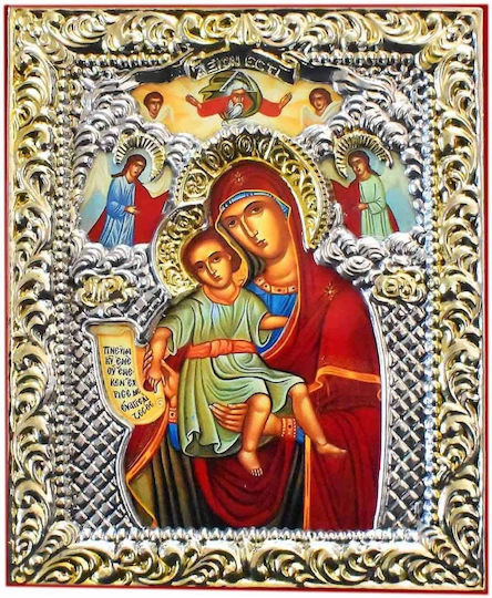 Silver Plated Saint Icon Panagia Axion Esti Velvet 10x14cm